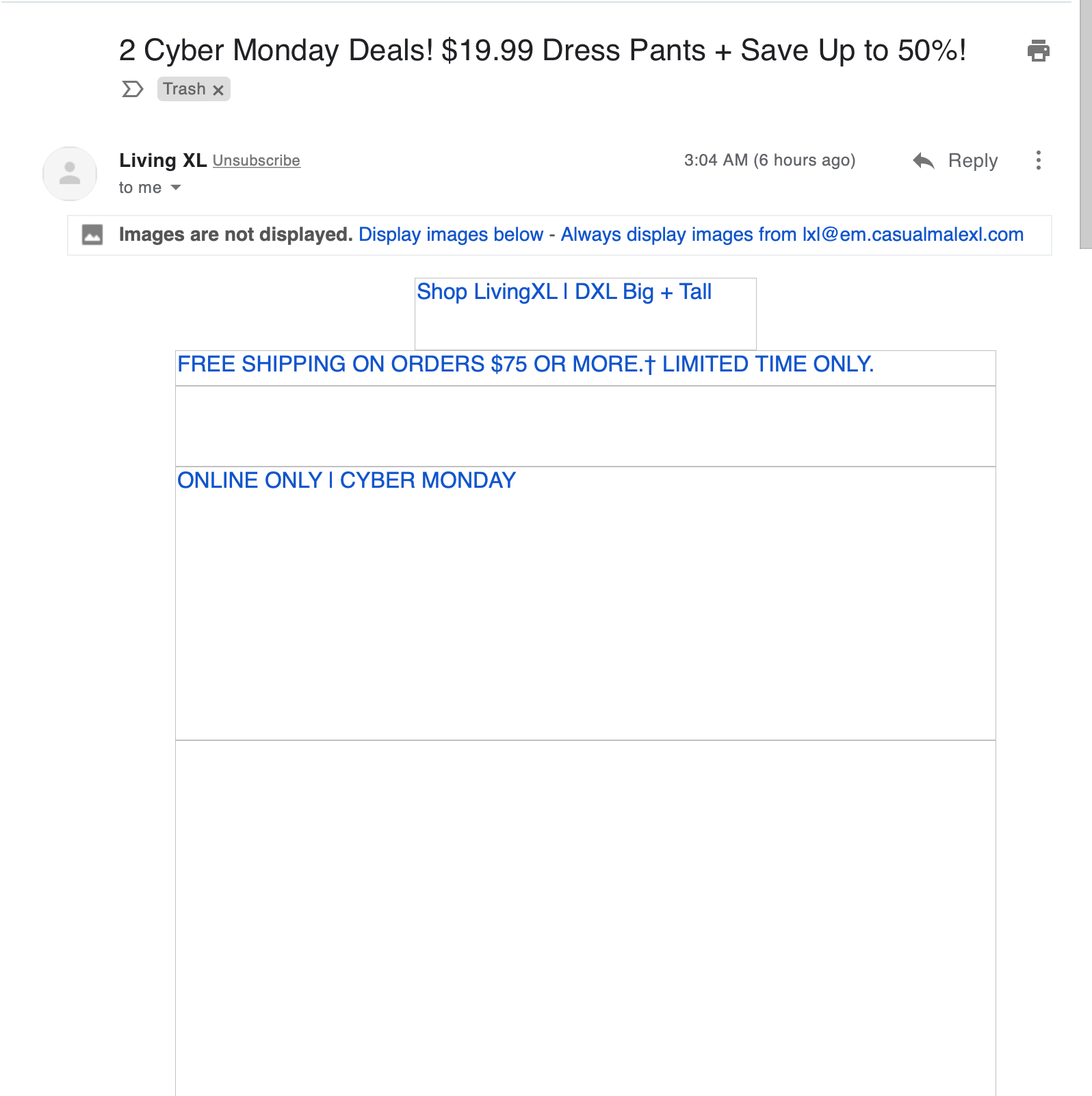 Email from Living XL before loading images